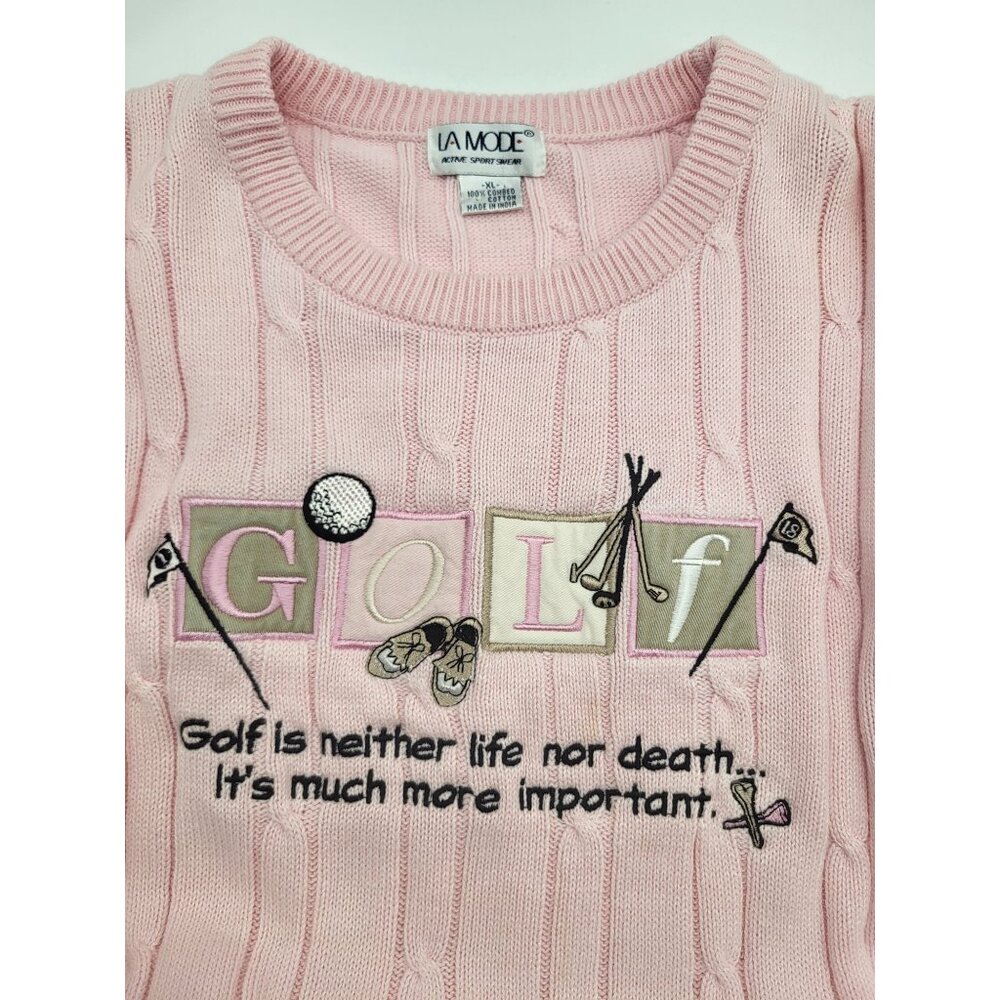 VTG La Mode Women's XL Golf Embroidered Cable Knit Pink Sweater Whimsy Grandma - Picture 7 of 8